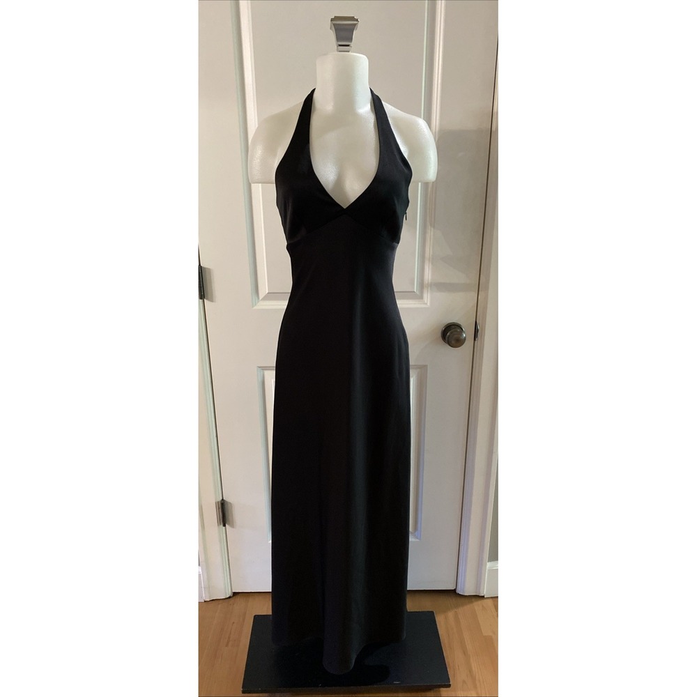 BCBG Maxazria Black Satin Halter Maxi Dress Formal Minimalist Slip Y2K Size 6